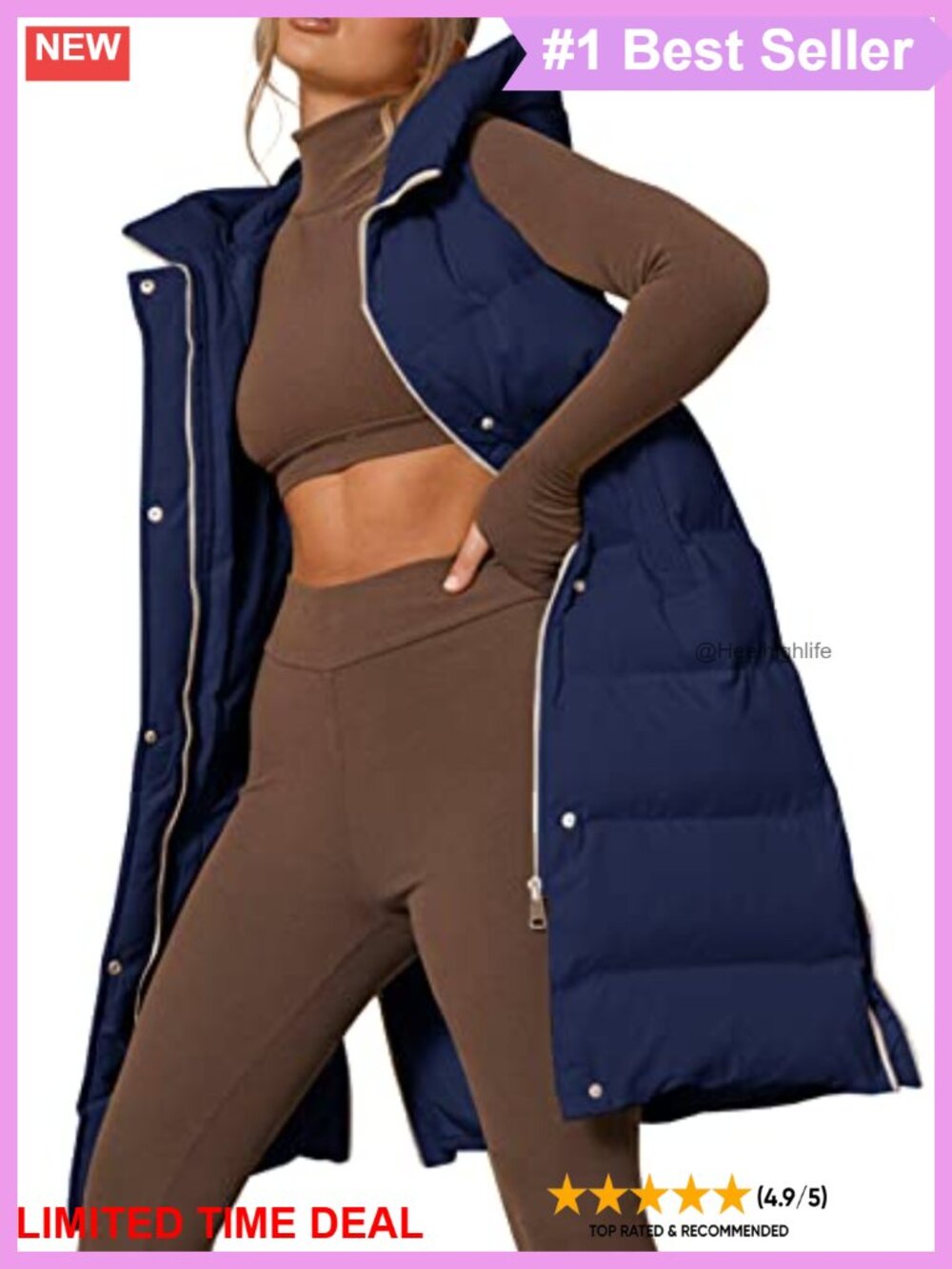 Womens Long Hooded Puffer Vest Sleeveless Zip Up Quilted Winter Down Vest